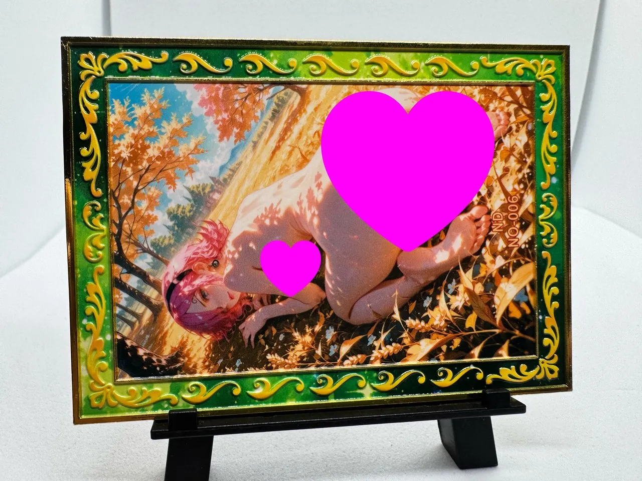 A One Piece doujin heavy-metal waifu card, code ND NO-006, with the explicit artwork covered by large hot pink hearts