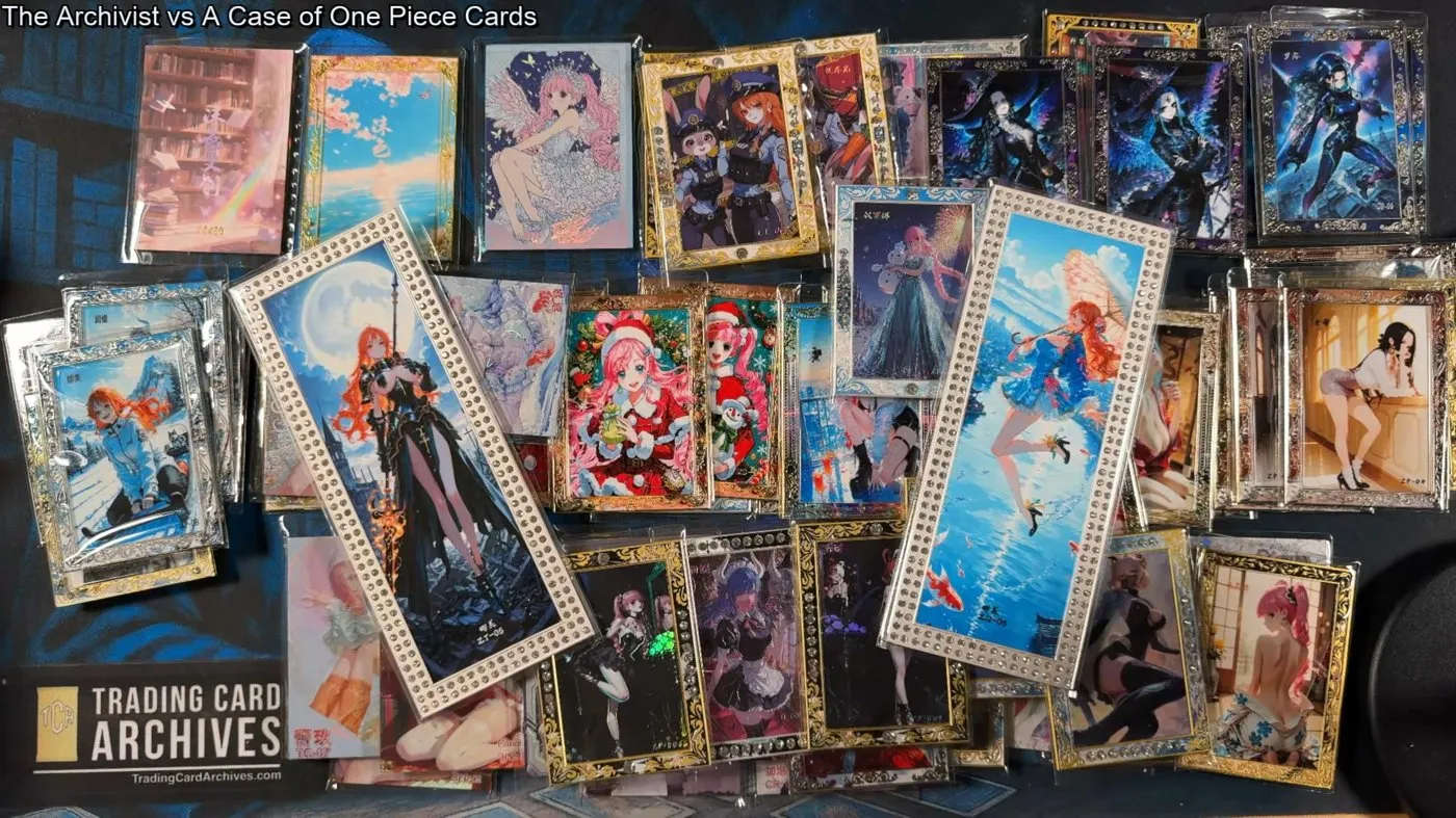 All 48 One Piece metal cards spread out on the table after the case break
