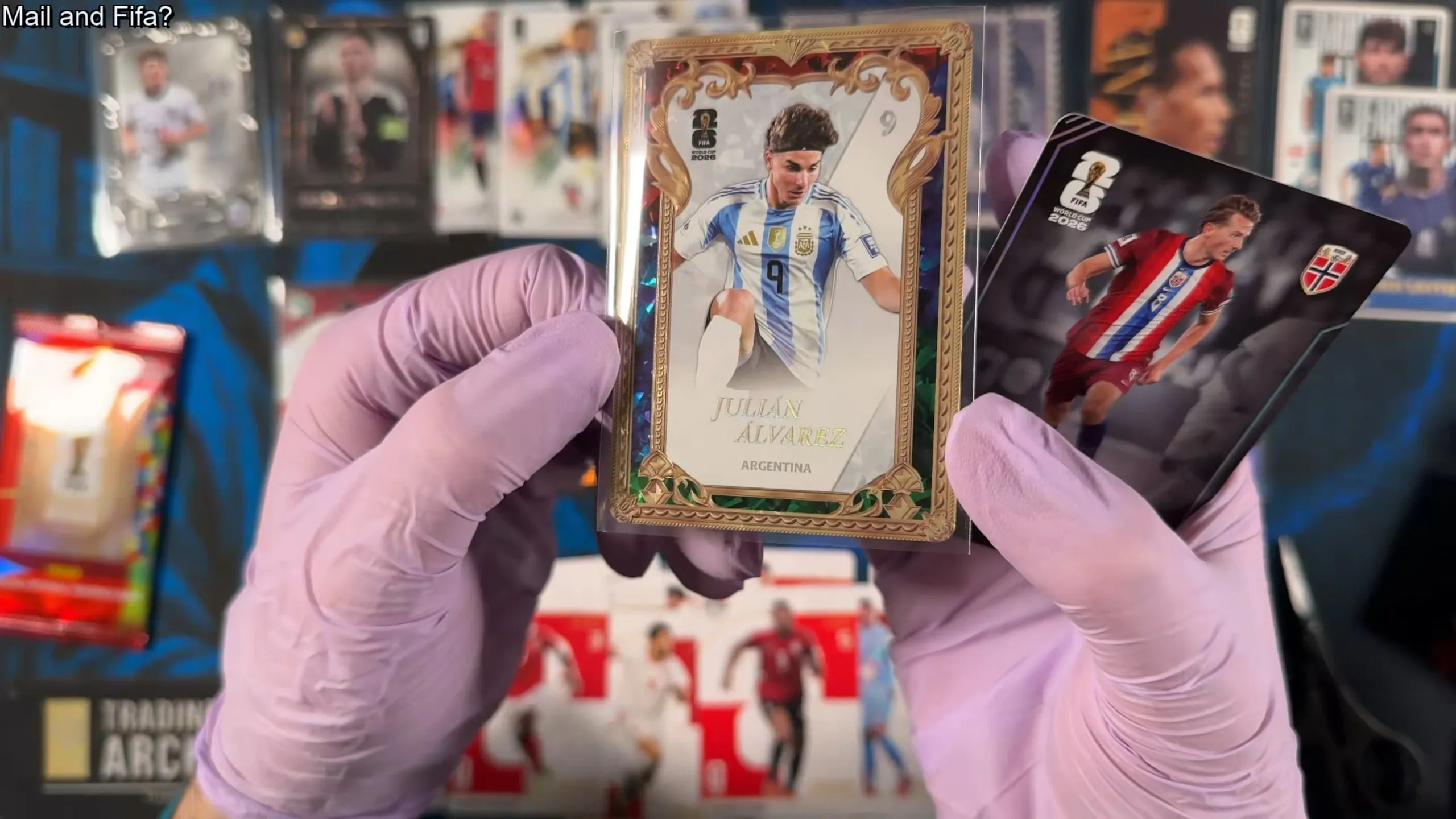 The Julián Álvarez Argentina hit card with an ornate gold frame over multicolor cracked ice foil