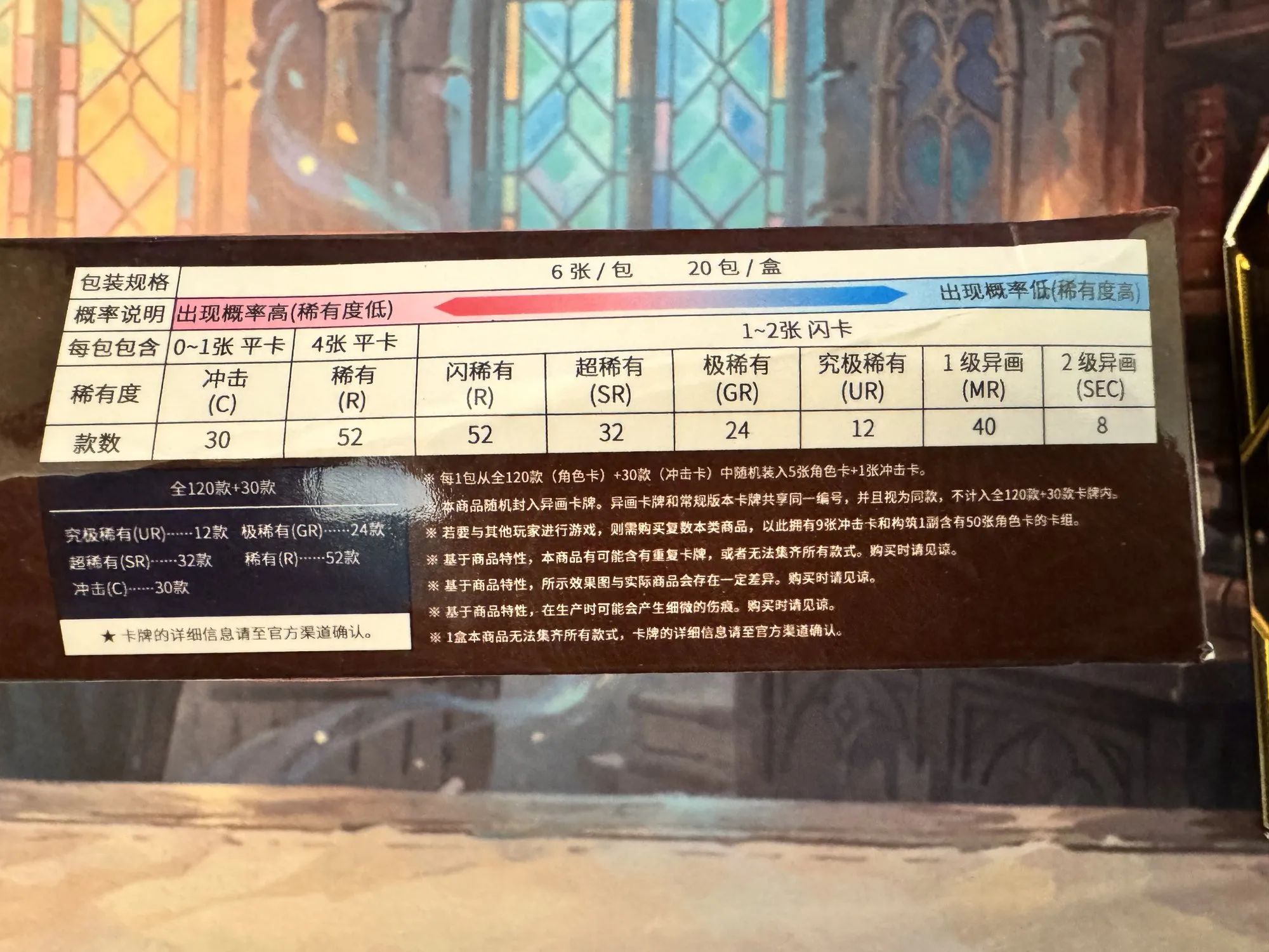 The back panel of the Marvel Hero Rush BP01 booster box showing the rarity table and pull rates
