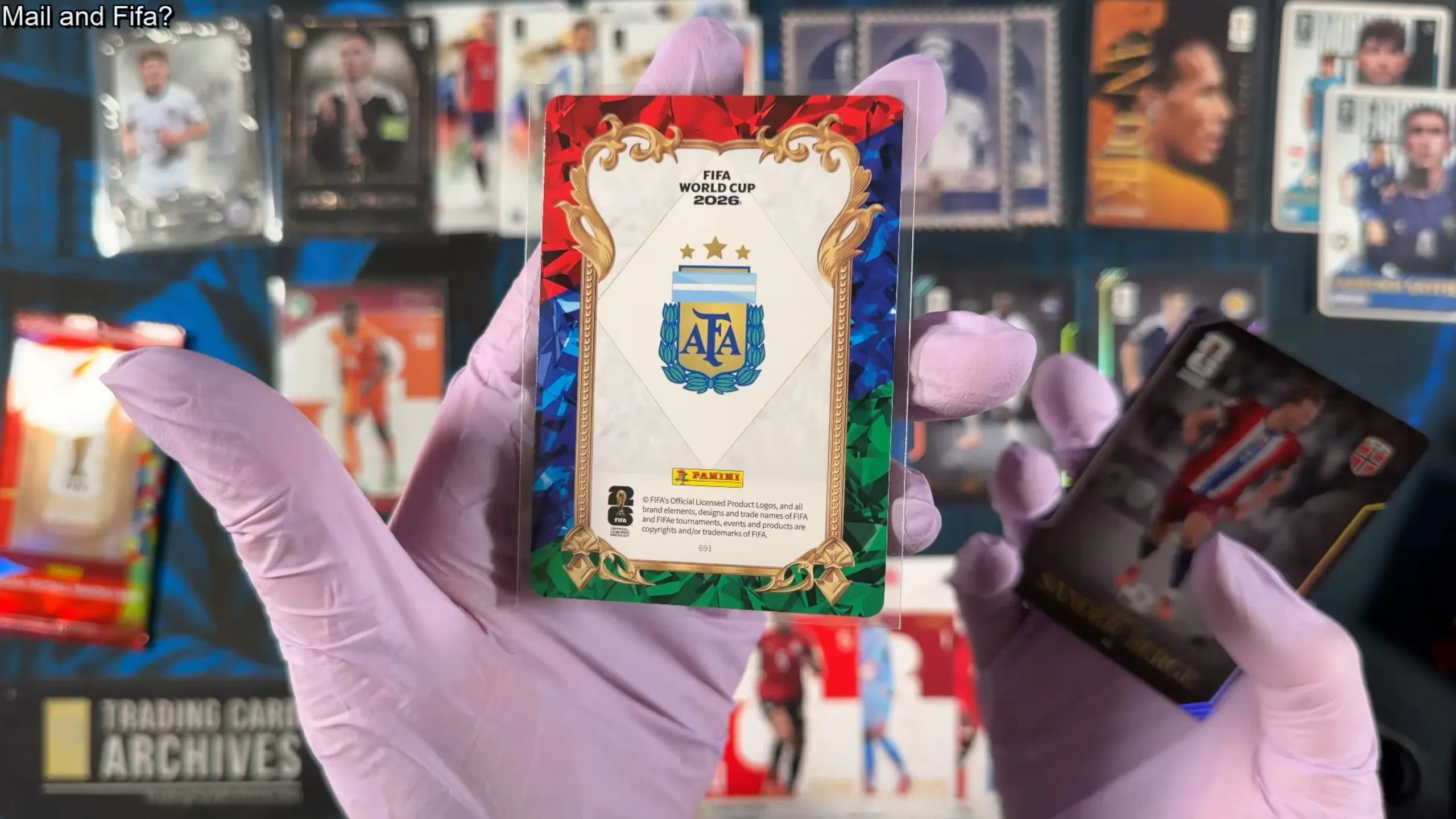 The back of a hit card showing the Argentina crest, Panini logo and FIFA World Cup 2026 branding on a cracked ice border