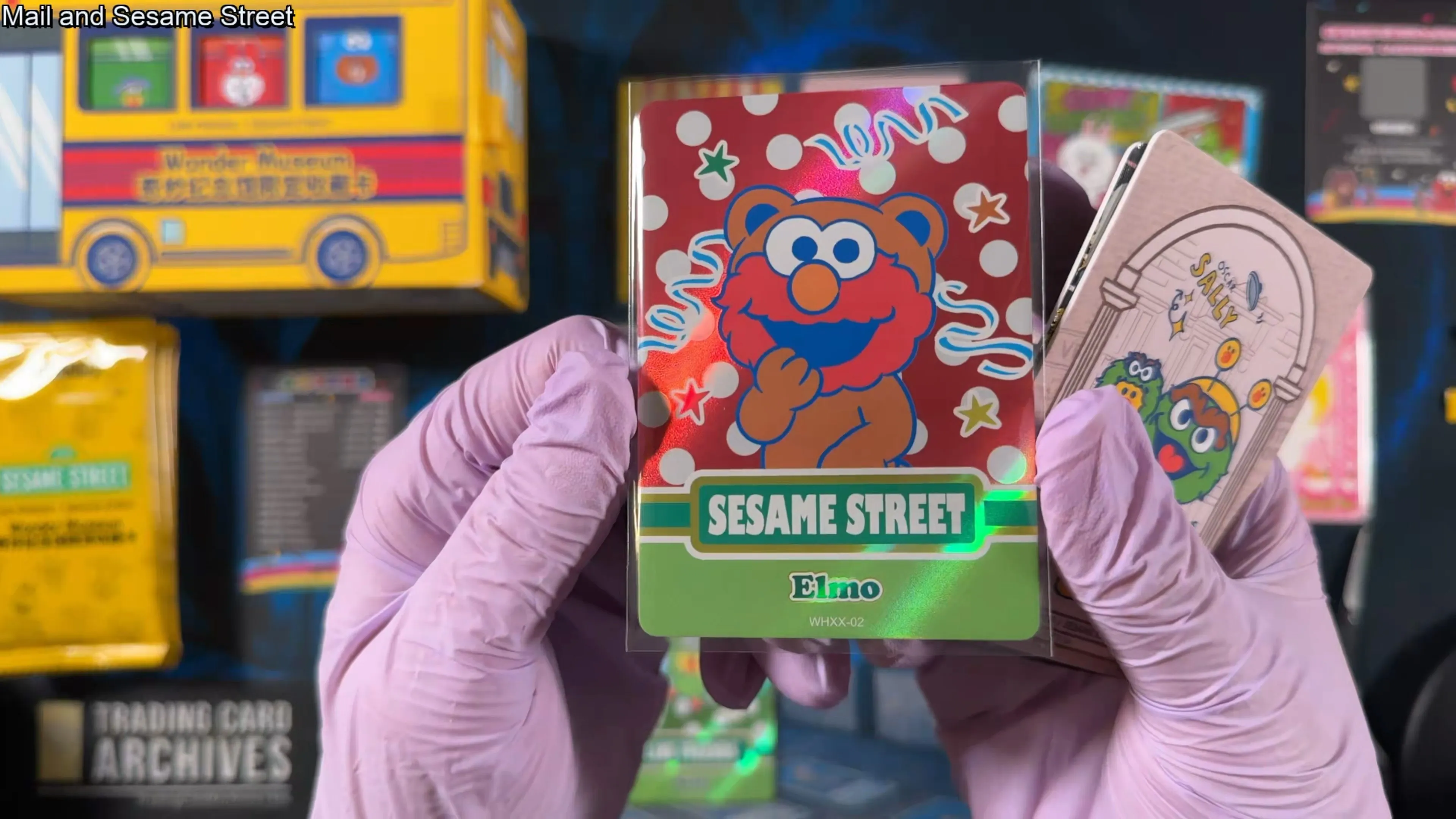 A base Sesame Street character card of Elmo styled as a bunny, with holo polka-dot background