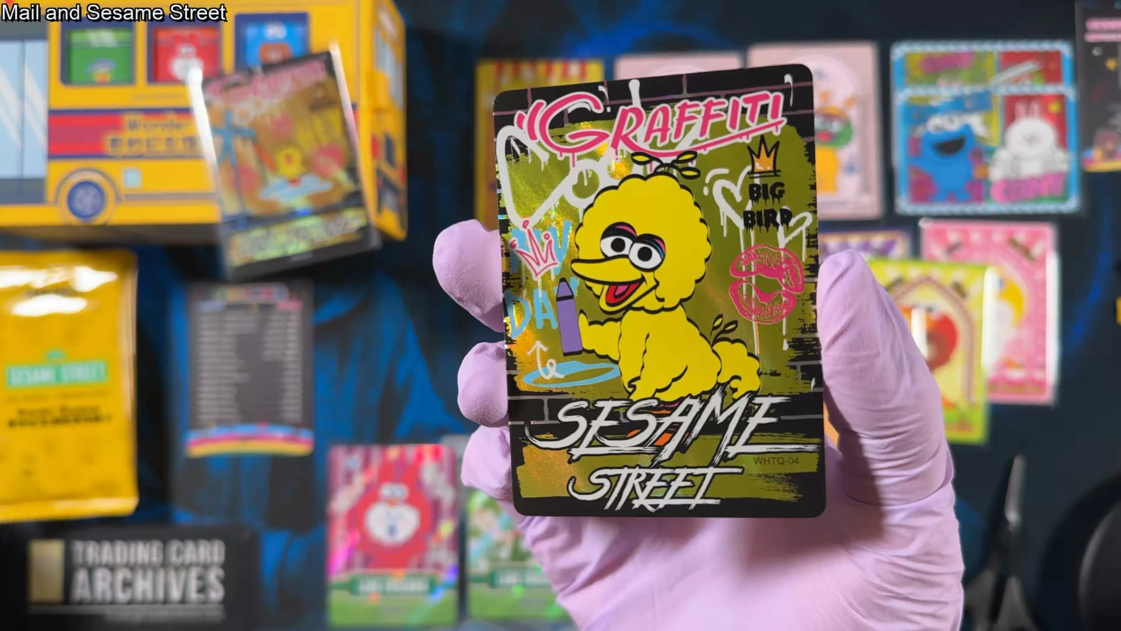 A graffiti-style chase card of Big Bird, neon street-art treatment on a foil background, marked WHTQ-04