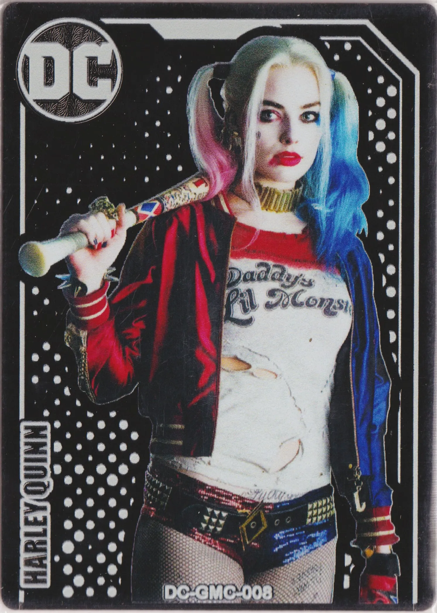 A metal trading card, DC-GMC-008 from the bootleg DC "Batman" box set. Features Harley Quinn as played by Margot Robbie