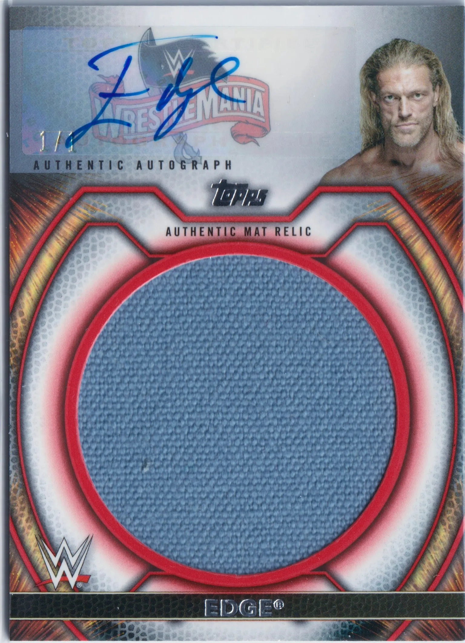 A relic trading card with a piece of a wrestling mat embedded into it. It features an autograph of Edge and is the 1/1 variant from Topps Undisputed 2021