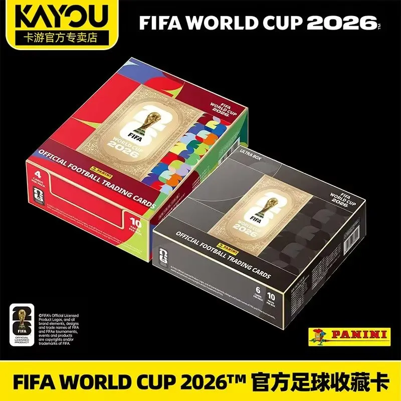 The Chinese flier for the Panini FIFA World Cup 2026 trading cards, showing the regular red box and the black Ultra Box, with the Kayou logo top left