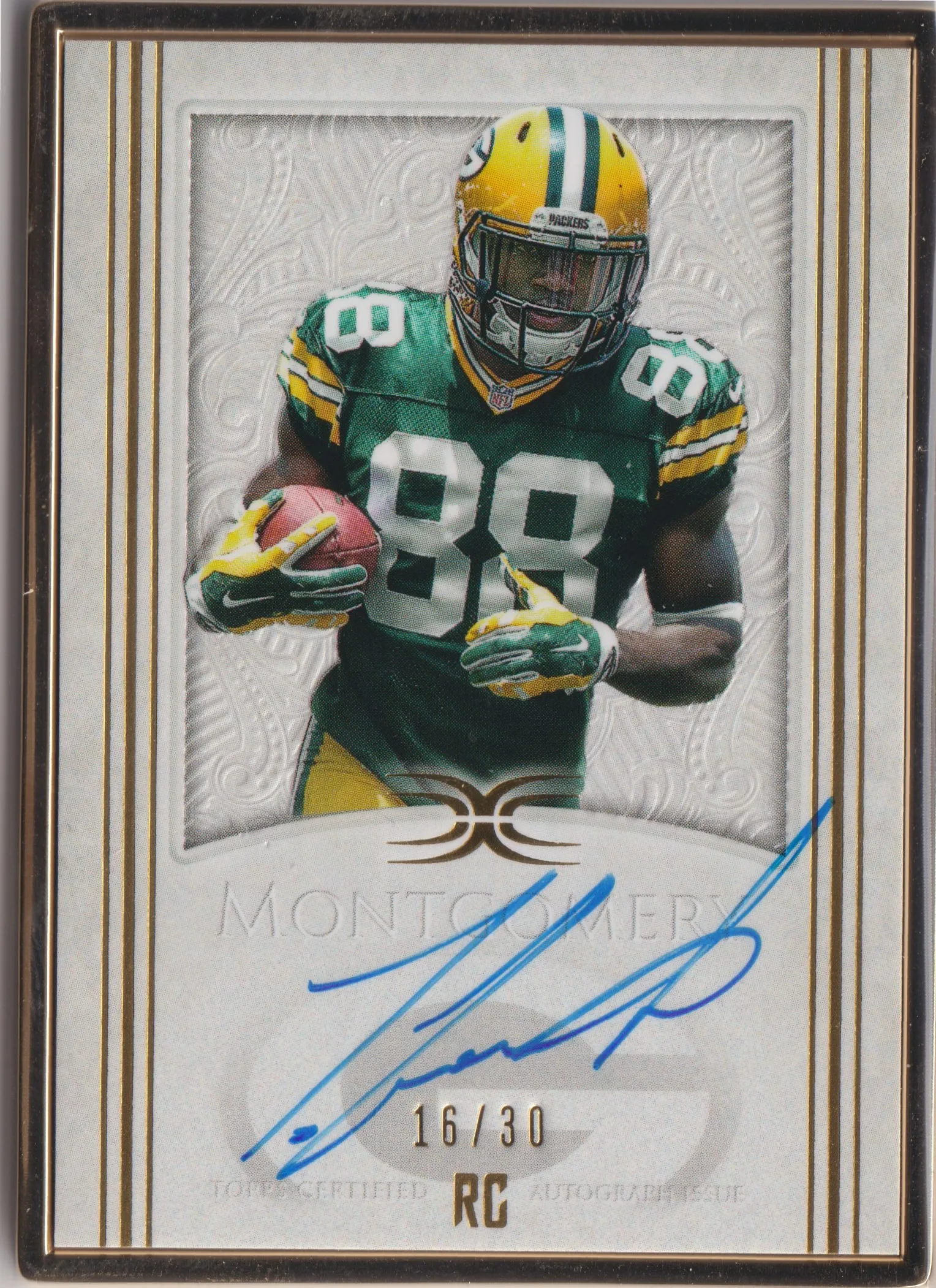 Ty Montgomery trading card from Topps Definitive Football 2015. This is a autographed, gold framed card limited to just 30 copies.