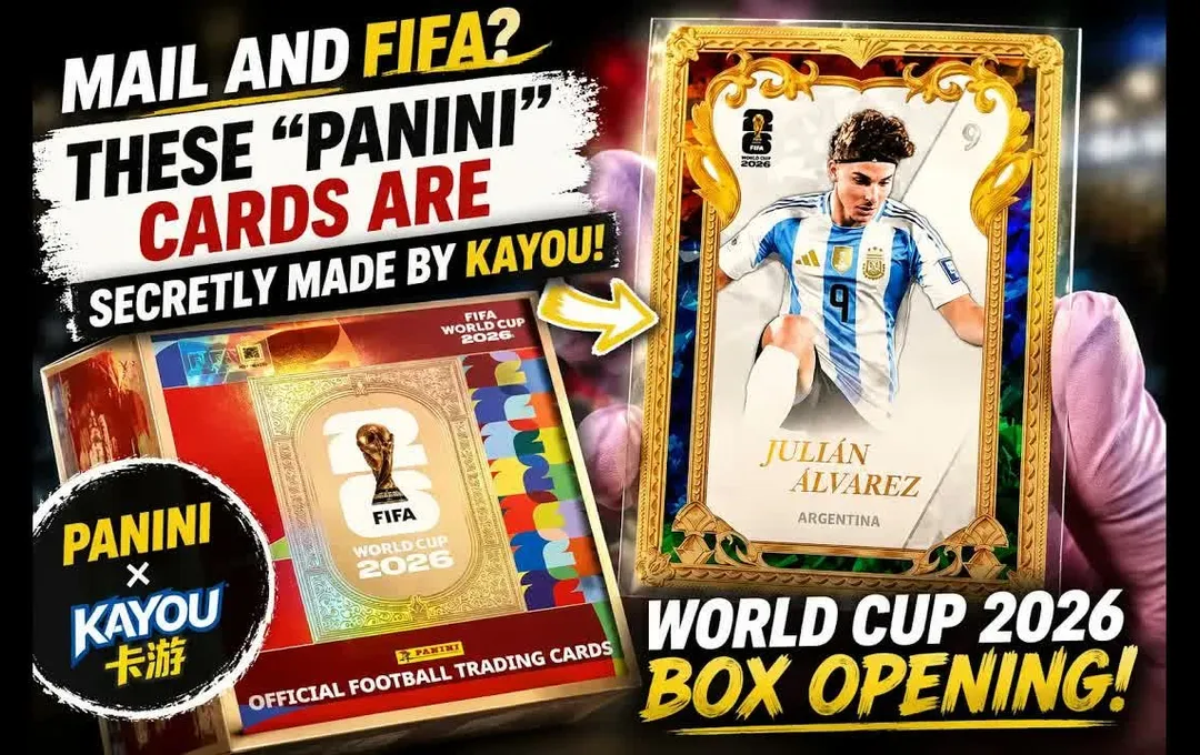 Panini x Kayou FIFA World Cup 2026 trading cards box opening, with the Julián Álvarez gold cracked ice card