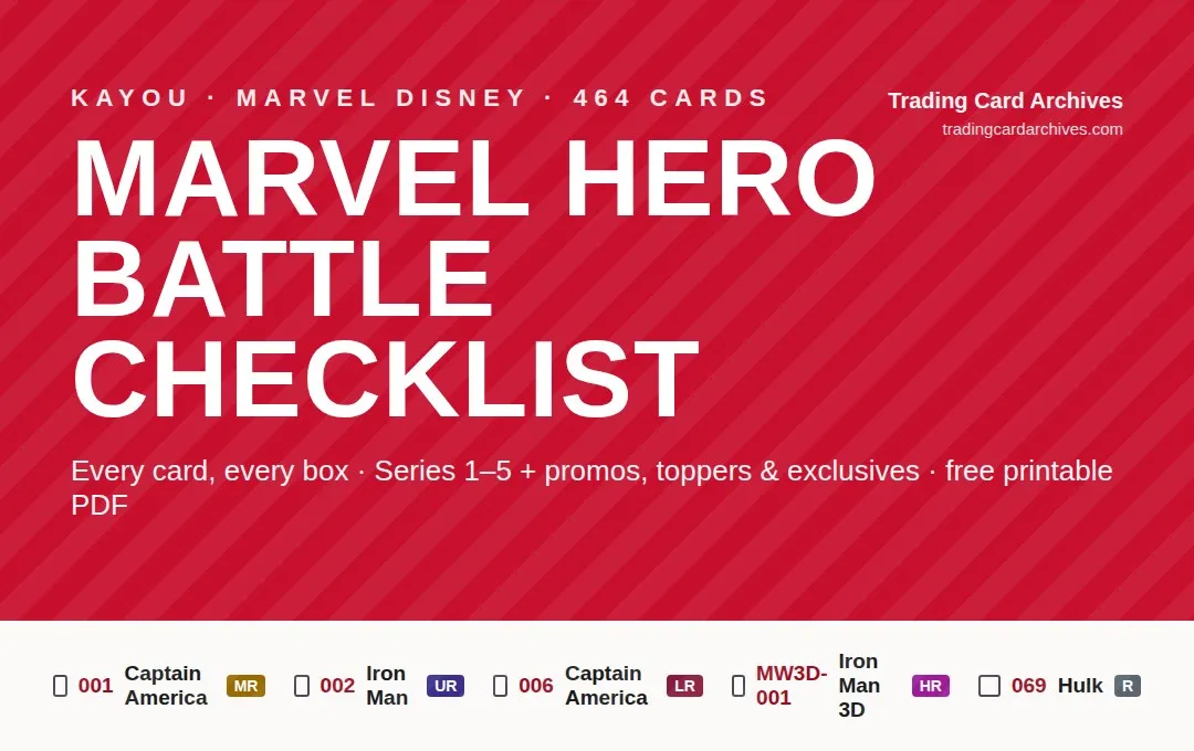 Marvel Hero Battle Complete Card Checklist from Trading Card Archives, showing a row of checkboxes with rarity tags.
