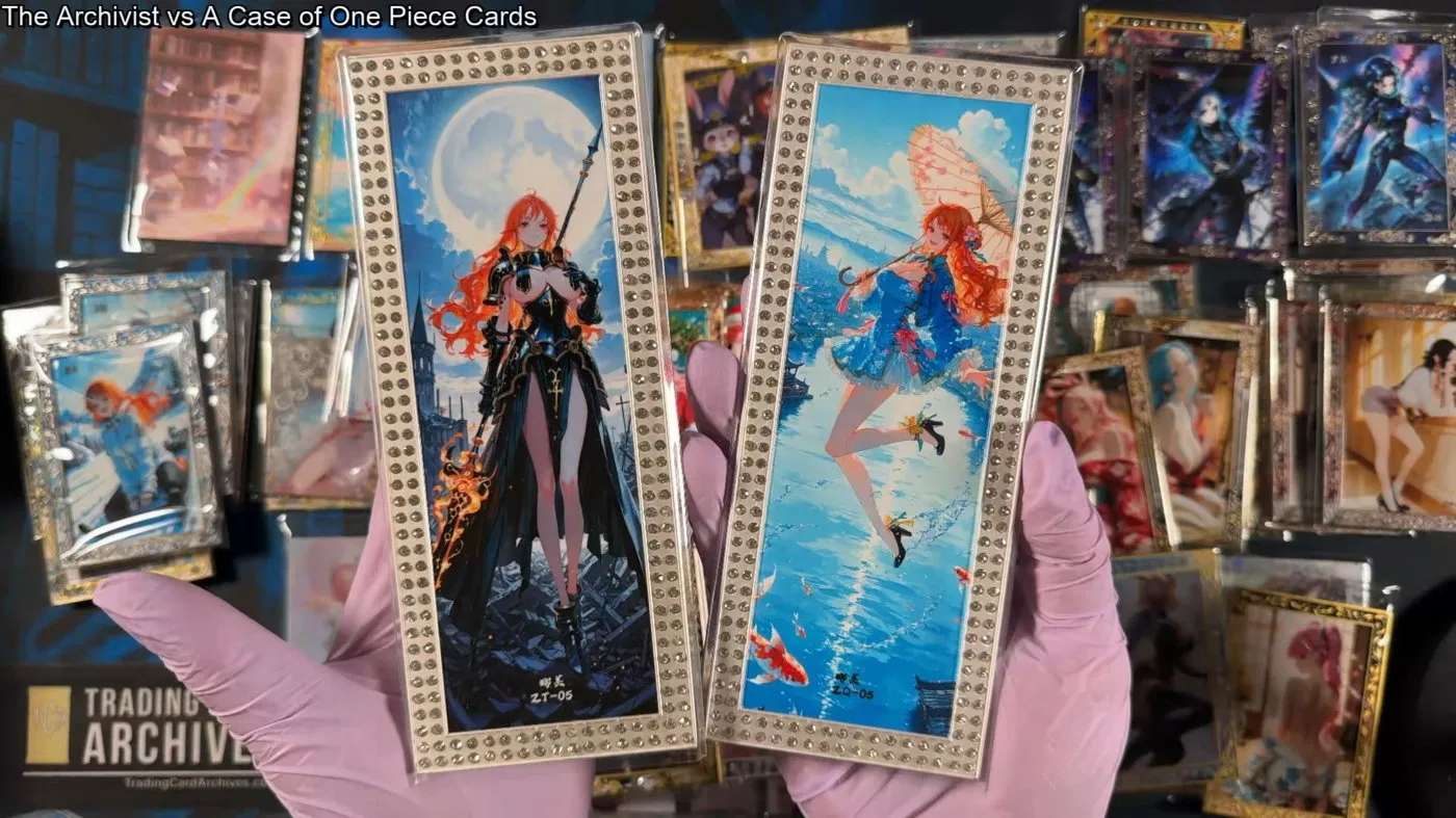 Two oversized framed One Piece metal cards with rhinestone borders