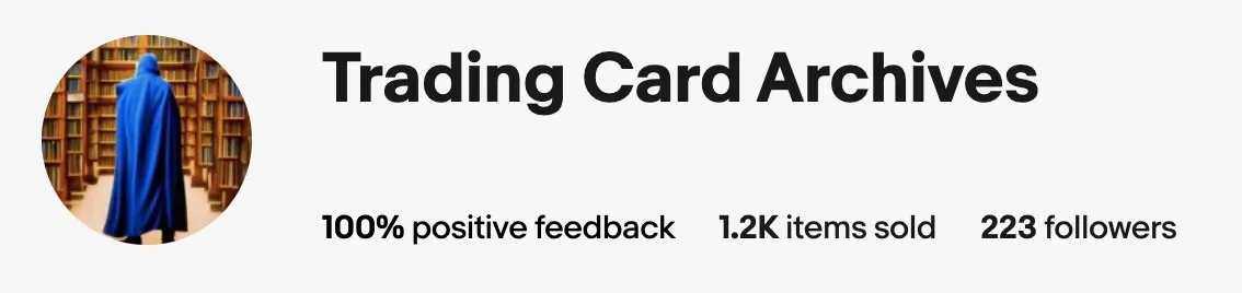 The Trading Card Archives eBay store header: 100% positive feedback, 1.2K items sold, 223 followers