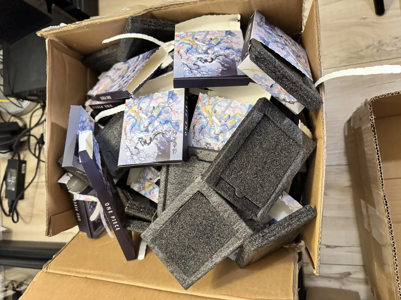 The enormous pile of foam and cardboard packaging trash from one case