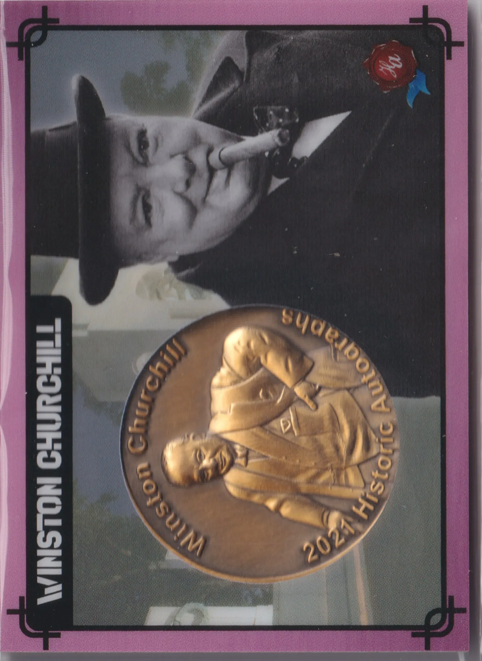 A Winston Churchill "Challenge Coin" card from the Historic Autograph's 1945 trading cards set. This coin is manufactured for the set.